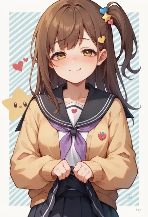 NSFW,Ichige style, One girl, alone, Brown Hair, heart, hair ornaments, , Side Ponytail, smile, Embarrassing,View your viewers, neckerchief, Upper Body, heart hair ornaments, cardigan, Sailor collar, Seraphim, black Sailor collar, bangs, Yellow Eyes, Mouth ...