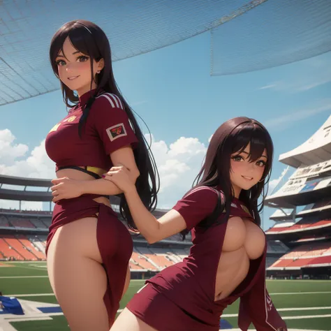 a girl dressed as Vinotinto Venezuelan soccer team, sexy, beautiful smile, in the background a football stadium
