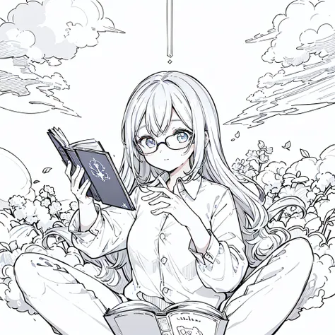 A girl,close up, wearing white shirt, reading a book, (best quality:1.3), (highres:1), (detailed:1.3), (incredible:1.3), (perfect:1.3), (perfection:1.3), (illustration:1.3), shes getting fun while reading it, dynamic on scene,Wear glasses