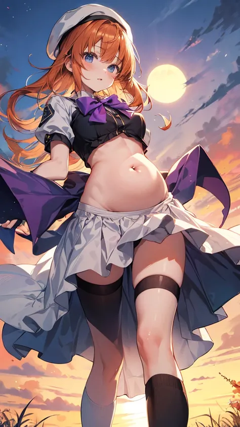 Twilight,Orange sun,Rena Ryuuguu, Orange Hair, short hair, blue eyes,Mountain of bulky trash,
(White Beret), bow, bowtie,(White Dress:1.2),White Skirt,Have, puffy Short sleeve, Puffy sleeves, purple bow, purple bowtie, Short sleeve, Black knee socks, zetta...