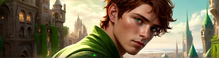 Male, solo, short brown hair, green eyes, freckles, fantasy city background