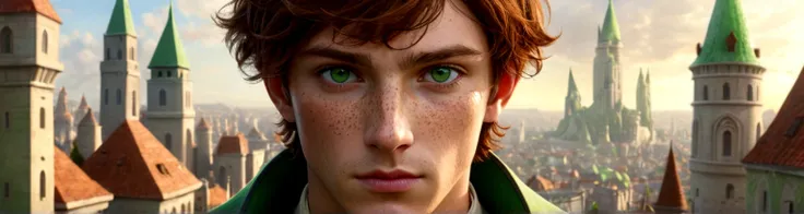 Male, solo, short brown hair, green eyes, freckles, fantasy city background