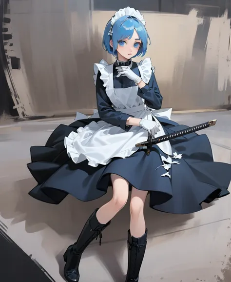 (masterpiece), ((Highest quality)), (Very detailed), (Beautiful eyes Beautiful details Eyes, Clean and delicate face), alone, Severe, Sword Drawing Technique, Blue Bob Hair, (blue eyes, Maid Fashion, White collar, mini skirt), thigh, Black gloves, Black Ar...