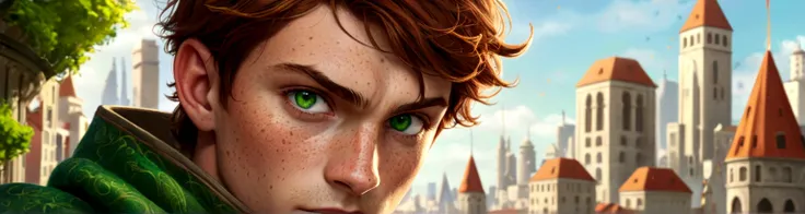 Male, solo, short brown hair, green eyes, freckles, fantasy city background