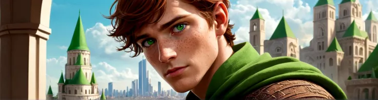 Male, solo, short brown hair, green eyes, freckles, fantasy city background