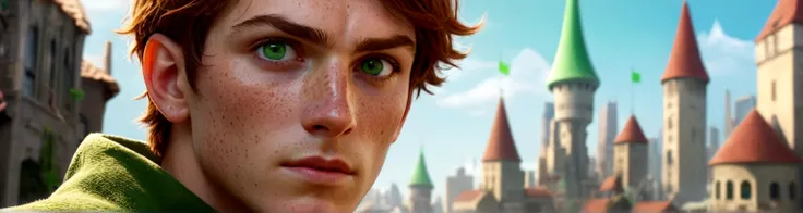 Male, solo, short brown hair, green eyes, freckles, fantasy city background