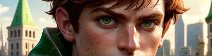 Male, solo, short brown hair, green eyes, freckles, fantasy city background