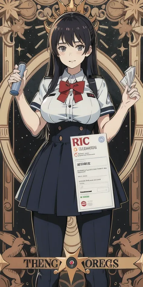 teen in MacDonald uniform working as a cashier with huge tits, anime style