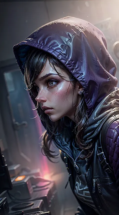 a close up portrait of a person wearing a purple hooded jacket, highly detailed cyberpunk digital painting, vibrant colors, dram...