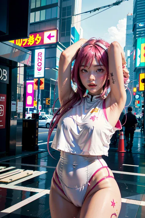 ((masterpiece, best quality, extremely detailed), volumetric lighting, ambient occlusion, colorful, glowing), 
1girl, solo, young girl, (bob pink hair), long hair, halo, aura, sacred, godness, (arms up, sweet armpits) cyber suit, (white outfit:1.3), androi...