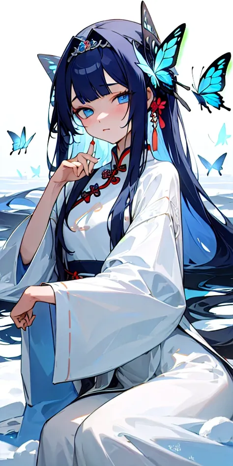 (masterpiece, best quality) 1girl of 20 years old with blue long hair, crystal eyes wearing an white Chinese dress having a emotionless face surrounded by snow having a butterfly hair accessory 