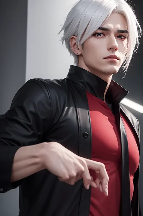 Create for me a male character with white hair and black eyes with red and a black shirt