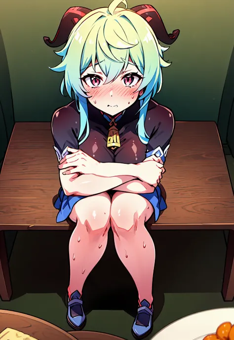 Pieces fly, Highest quality, Anime Images, Anime style etc.., Hired (Genshin Impact), Sit at the table, View from above, cheeks are bright red,超Embarrassing, Watery eye,dislike,The face of patience,1 Girl, Twin Horn, Ticker,Fits your body type, I can see t...