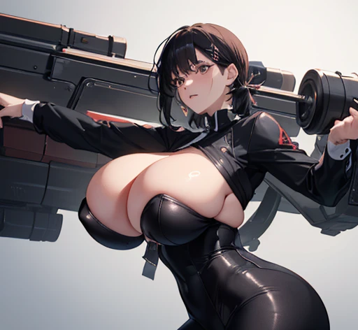 (8K, masterpiece, expensive, Ultra-fine illustrations:1.5), (Detailed Background), Perfect Anatomy, Single Shot, (1 person), (Black, Short Hair), (Black Suit), (Top-heavy, Huge breasts:1.5), Thick thighs, sneakers, Charm, (whole body, From the side)