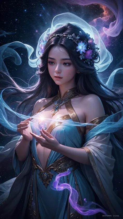 Digital painting by MSchiffer of a female Goddess, her physical body is transforming into smoke, wearing elegant robes as clothing that flows in the air in a waving way, perfectly detailed delicate face, soft features, the environment is the heart of a hea...