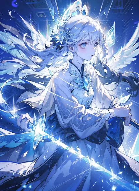 An angel is depicted with a pale and luminous complexion, their skin seemingly glowing with an otherworldly radiance. They are adorned with a pair of sparkling and graceful wings, symbolizing their divine nature. The scene is ethereal and enchanting, captu...