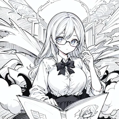 A girl,close up, wearing white shirt, reading a book, (best quality:1.3), (highres:1), (detailed:1.3), (incredible:1.3), (perfect:1.3), (perfection:1.3), (illustration:1.3), shes getting fun while reading it, dynamic on scene,Wear glasses