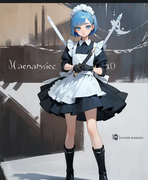 (masterpiece), ((Highest quality)), (Very detailed), (Beautiful eyes Beautiful details Eyes, Clean and delicate face), alone, Severe, Sword Drawing Technique, Blue Bob Hair, (blue eyes, Maid Fashion, White collar, mini skirt), thigh, Black gloves, Black Ar...