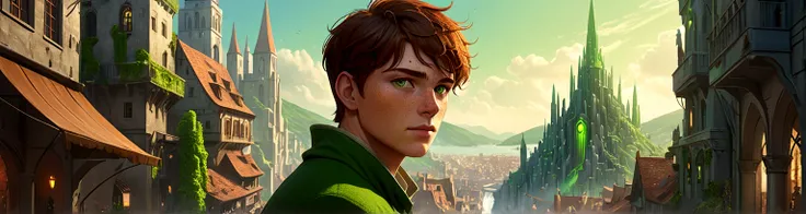 Male, solo, short brown hair, green eyes, freckles, fantasy city background