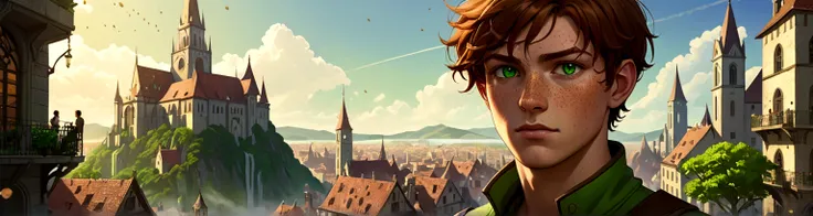 Male, solo, short brown hair, green eyes, freckles, fantasy city background