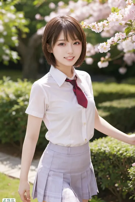 short hair, very sexy, 20 years, ((in sexy schooluniform, seductive)), stand in a Garden, cherrytree, enjoying the sun, very happy, big , nsfw, 