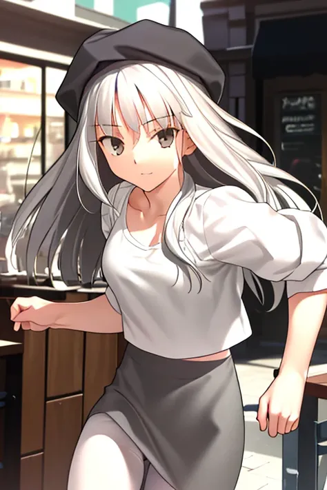 masterpiece, high quality, 最high quality, beautiful, High resolution, Perfect lighting, Detailed face, Detailed body, 1 Girl, alone, (Long white hair), Brown eyes, Medium chest, ((White underwear)), ((Grey short skirt)), (Grey hat), In front of the cafe,