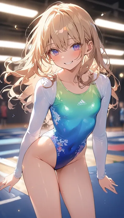 expensivequality illustration, masterpiece, Very delicate and beautiful, Attractive girl,(Gymnastics leotard, Floral print leotard,キラキラ輝く装飾が施されたLong sleeve leotard,expensive_Leg leotard,athletic leotard,tight-fitting leotard,Rainbow gradient leotard,Long s...