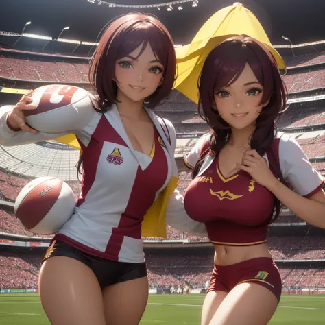 1-Girl dressed as Vinotinto Venezuelan soccer team, sexy, beautiful smile, in the background a football stadium
