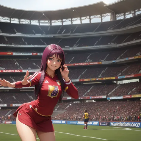 1-Girl dressed as Vinotinto Venezuelan soccer team, sexy, beautiful smile, in the background a football stadium
