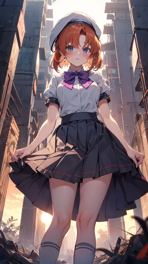 Twilight,Orange sun,Rena Ryuuguu, Orange Hair, short hair, blue eyes,Mountain of bulky trash,
(White Beret), bow, bowtie,(White Dress:1.2),White Skirt,Have, puffy Short sleeve, Puffy sleeves, purple bow, purple bowtie, Short sleeve, Black knee socks, zetta...