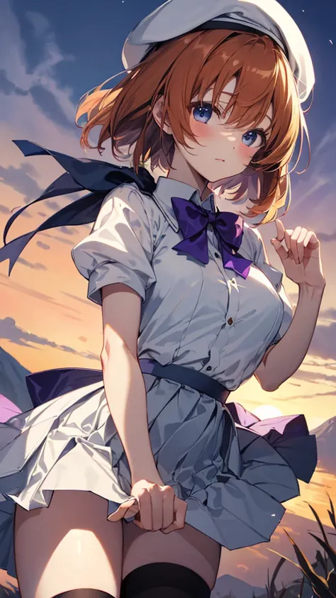 Twilight,Orange sun,Rena Ryuuguu, Orange Hair, short hair, blue eyes,Mountain of bulky trash,
(White Beret), bow, bowtie,(White Dress:1.2),White Skirt,Have, puffy Short sleeve, Puffy sleeves, purple bow, purple bowtie, Short sleeve, Black knee socks, zetta...