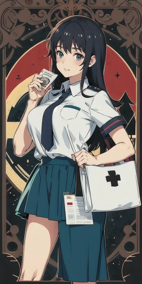 teenager in MacDonald uniform working as a cashier at a MacDonald, with huge tits, anime style