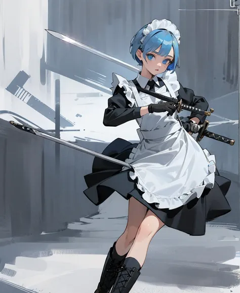 (masterpiece), ((Highest quality)), (Very detailed), (Beautiful eyes Beautiful details Eyes, Clean and delicate face), alone, Severe, Sword Drawing Technique, Blue Bob Hair, (blue eyes, Maid Fashion, White collar, mini skirt), thigh, Black gloves, Black Ar...