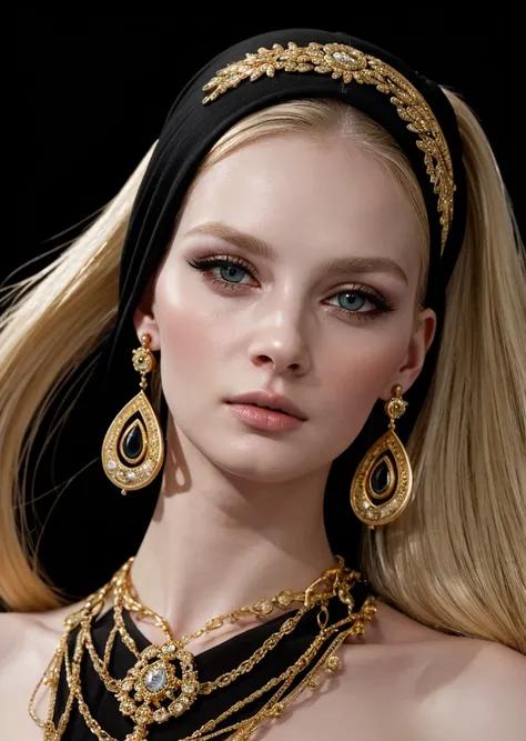 a blonde woman with a black turban and gold earrings poses for a picture, gold earring, girl with earring, girl with the  earrin...