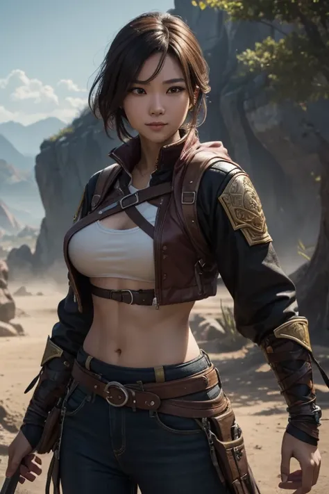 8K,adventure者の衣装,Tour of the ruins,short brown hairอ่อน,Its so beautiful.な日本の女性, Big and full breasts,Big smile,Its so beautiful.(Like the real thing.)black and red casual outfit,black jeans,sexy,deviantart artstation cgscosiety, 3Dレンダリングcharacter art8 K, ...