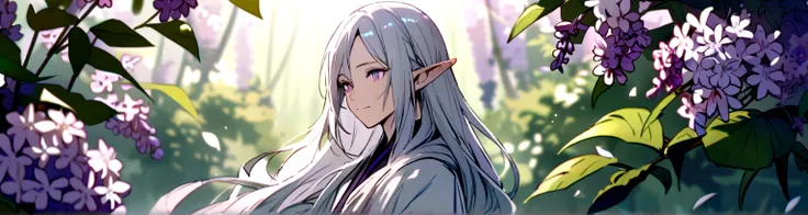 Male, solo, elf, soft smile, calm, long hair, white hair, lilac eyes,pointed ears, flowing robes, forest background