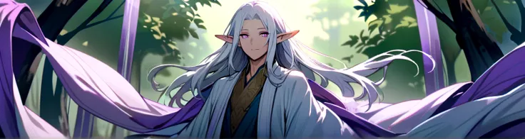 Male, solo, elf, soft smile, calm, long hair, white hair, lilac eyes,pointed ears, flowing robes, forest background