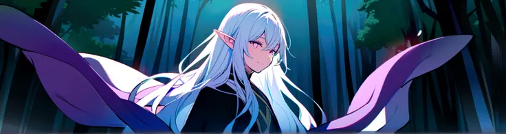 Male, solo, elf, soft smile, calm, long hair, white hair, lilac eyes,pointed ears, flowing robes, forest background