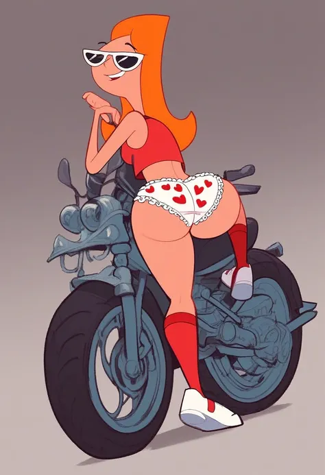 Candace, red sleeveless shirt, skirtless, riding a motorcycle, white panties with red hearts, heart print panties, legs, white shoes, red socks, sunglasses, rear view, big butt, else half closed, head turned to viewer, looking at viewer, 2D cartoon, frilly...