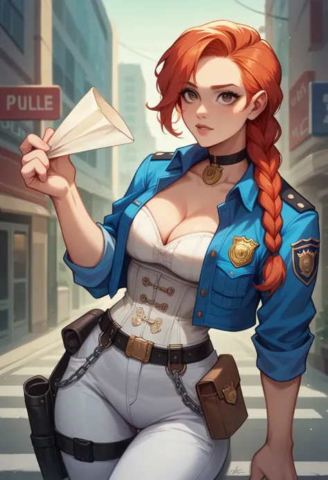 NSFW,One girl, Portrait of a beautiful donkey pex, Athletic ability, Blue jacket, White corset, skirt, White trousers, Police Medal,Holster on waist,Redhead, Braid, compensate, choker, Cleavage, Wide Hips, Volumetric lighting, Highest quality, masterpiece,...