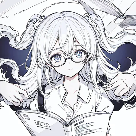 A girl,close up, wearing white shirt, reading a book, (best quality:1.3), (highres:1), (detailed:1.3), (incredible:1.3), (perfect:1.3), (perfection:1.3), (illustration:1.3), shes getting fun while reading it, dynamic on scene,Wear glasses