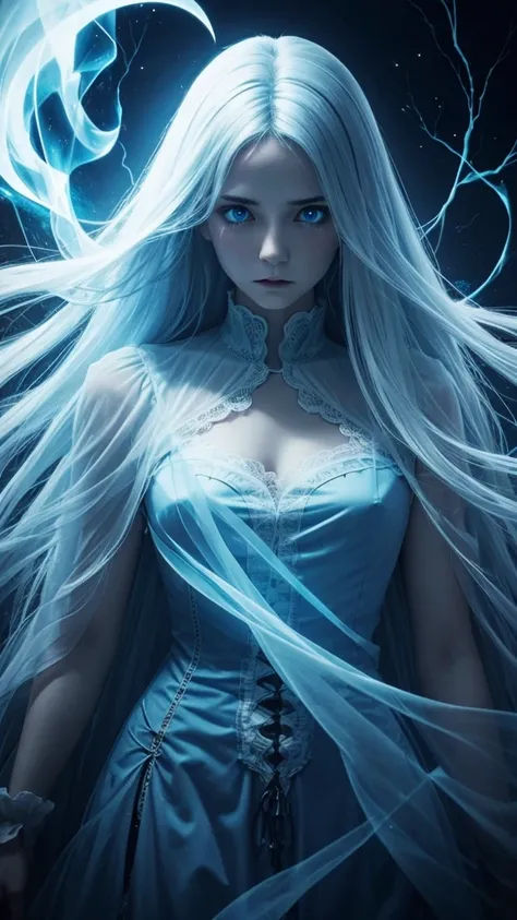 a ghostly entity, translucent, blue and white, spirit of fear, long hair, empty eyes, gothic background.