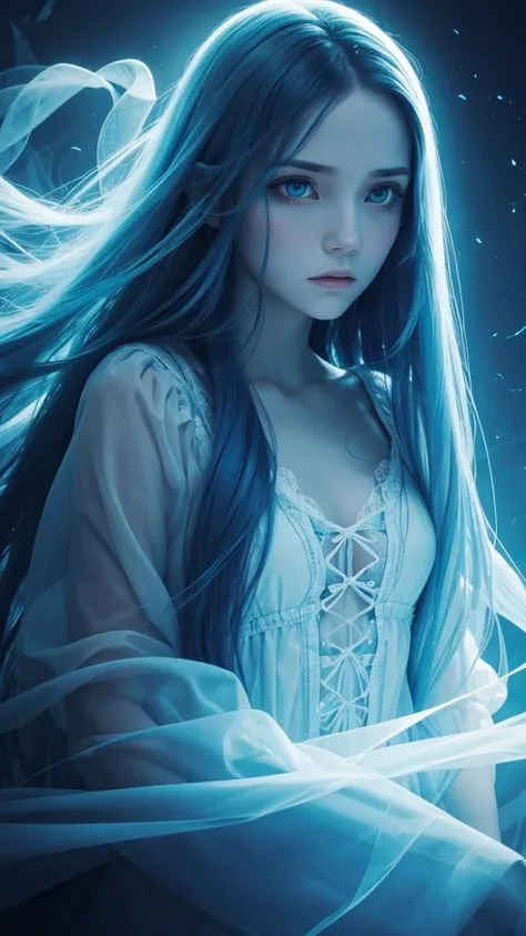 a ghostly entity, translucent, blue and white, spirit of fear, long hair, empty eyes, gothic background.