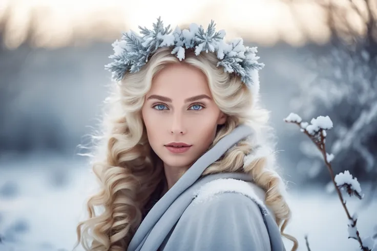 arafed blonde woman in a snowy field with snow on her hair, looking at the camera,soft portrait shot 8 k, winter princess, with frozen flowers around her, gentle snow, soft light of winter, winter snow, beautiful soft lighting, pale skin curly blond hair, ...