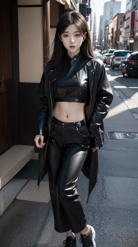 year old japanese girl, wearing a black leather jacket, black trousers, black shoes, black crop top, has a slim stomach showing ...