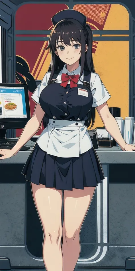 teenager in work uniform working as a cashier at a fast food stand, with huge tits, anime style