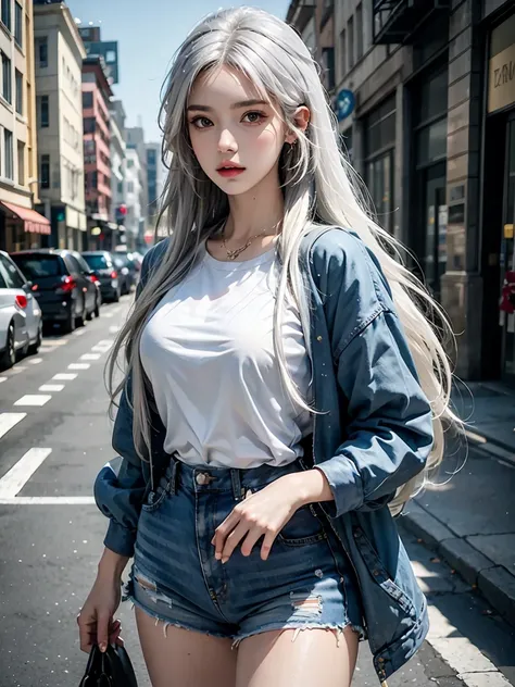 female,masterpiece, realistic, best quality, ultra detailed, cowboy_shot, long white hair, jewelery, street wear, colorful clothing