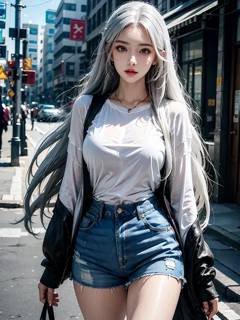 female,masterpiece, realistic, best quality, ultra detailed, cowboy_shot, long white hair, jewelery, street wear, colorful clothing