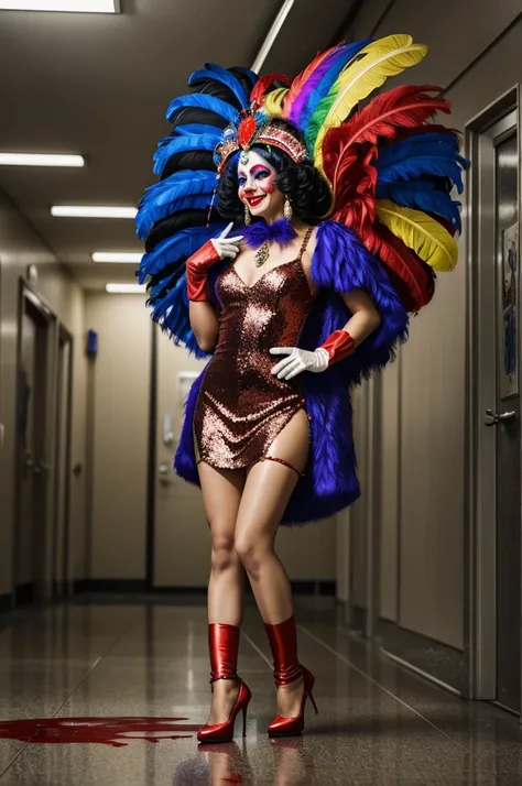 Crazy clown queen,Teardrop eyes，giving nose，beautiful,wavy fur, feather headdress，Shiny sequins,Colorful clown costumes, gloves, ，high heels。he started laughing, (The ground was covered in blood.), (Standing in the hospital hallway),like painting,sharp con...