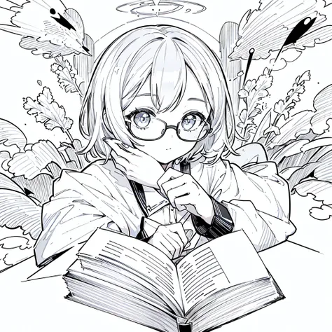 A girl,close up, wearing white shirt, reading a book, (best quality:1.3), (highres:1), (detailed:1.3), (incredible:1.3), (perfect:1.3), (perfection:1.3), (illustration:1.3), shes getting fun while reading it, dynamic on scene,Wear glasses